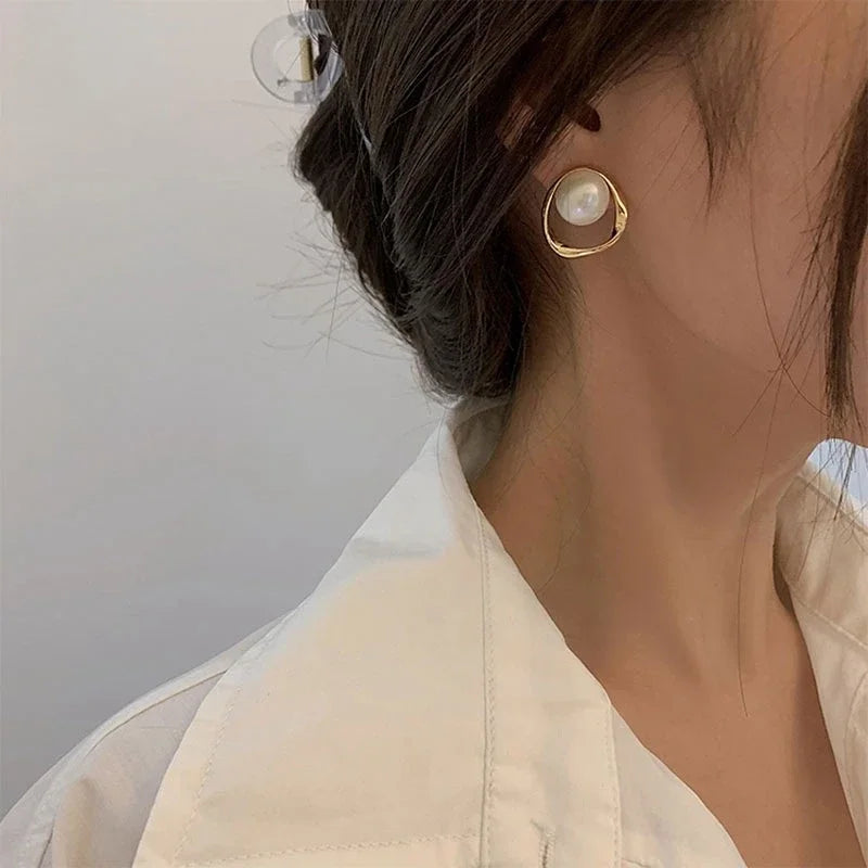 Pearl Earring Gold Color Round Stud Earrings