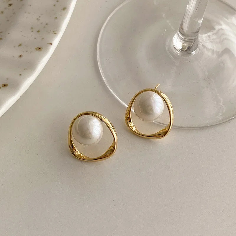 Pearl Earring Gold Color Round Stud Earrings
