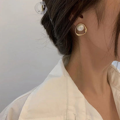 Pearl Earring Gold Color Round Stud Earrings