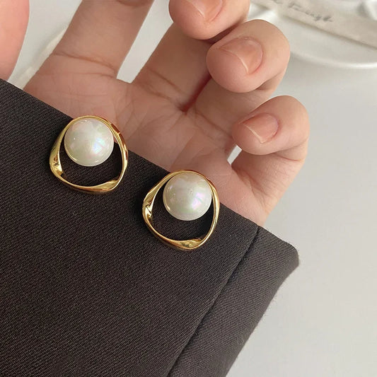 Pearl Earring Gold Color Round Stud Earrings