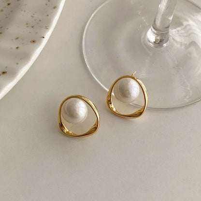Pearl Earring Gold Color Round Stud Earrings